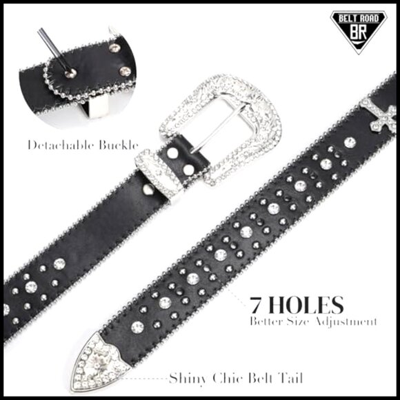 Western Rhinestone Leather Belt Detachable Buckle Cross Design Unisex main image 5